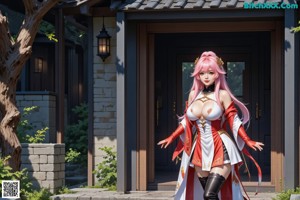 A woman in a revealing outfit stands by an open door, outdoors.