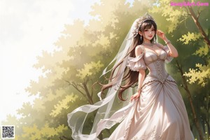 A woman in a wedding dress standing under a tree.