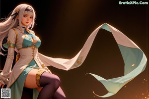 A woman with long white hair wearing a white and blue outfit.