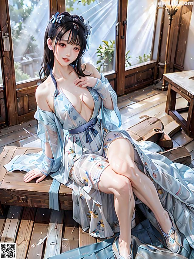 A woman in a blue dress sitting on a wooden bench.