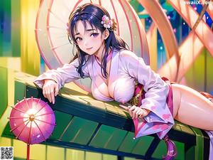 A woman in a kimono sitting on a bench under an umbrella.