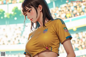 A girl in a soccer uniform is walking on the field.