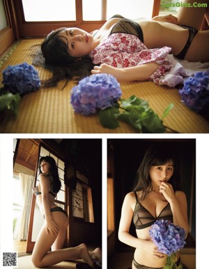 A woman in a white bra and panties posing for a magazine.