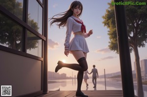 A woman in a school uniform is floating in the water.