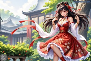 A woman in a red and white dress posing for a picture.