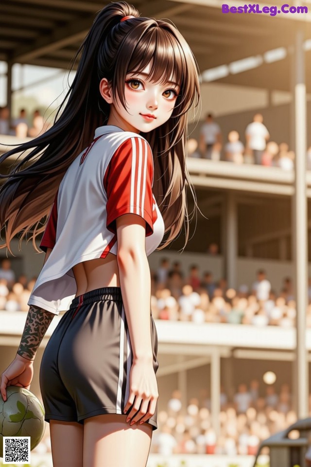 A girl holding a soccer ball in front of a crowd.