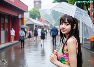 A naked asian woman standing in front of a door.