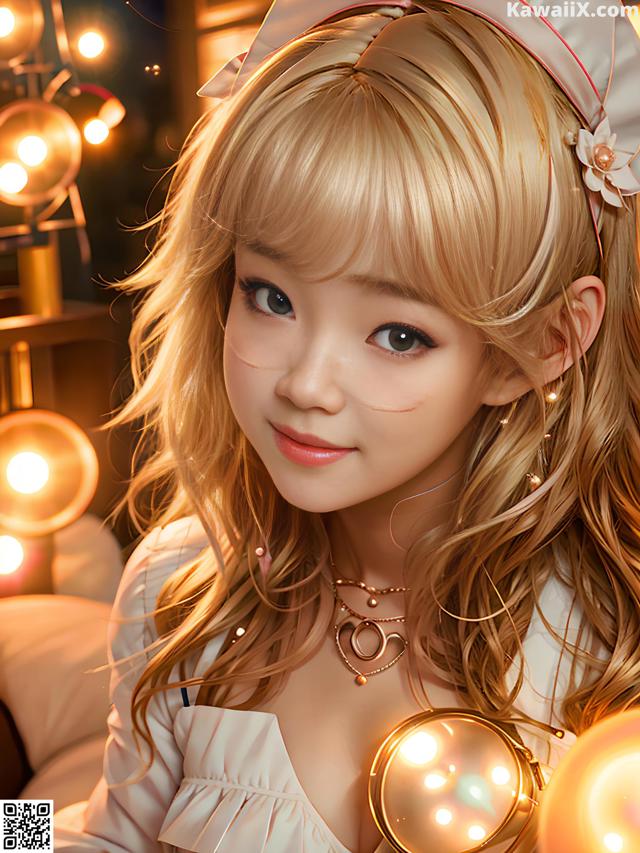 A girl with long blonde hair wearing a bunny ears headband.
