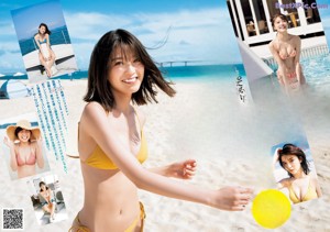 A woman in a white bikini sitting on a wooden bench.