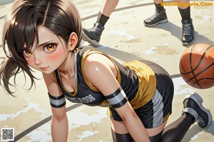 A girl in a basketball uniform crouching on a basketball court.