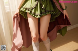 a woman in a green dress and white stockings posing for a picture