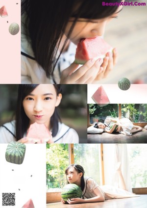 A woman holding a watermelon in front of her face.