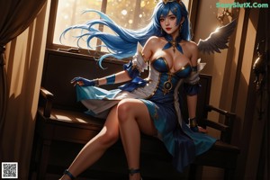 A woman with long blue hair wearing a white and gold outfit.