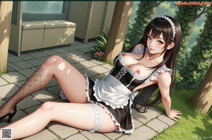 A woman in a maid outfit sitting on a bench.