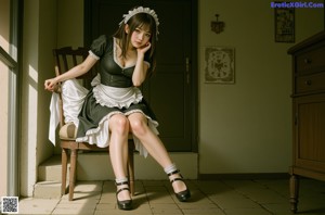 A woman in a maid outfit sitting on a couch.