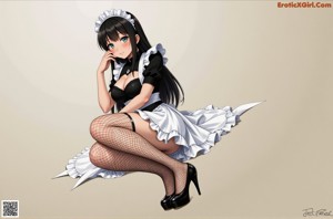 A woman in a maid outfit sitting on a couch.