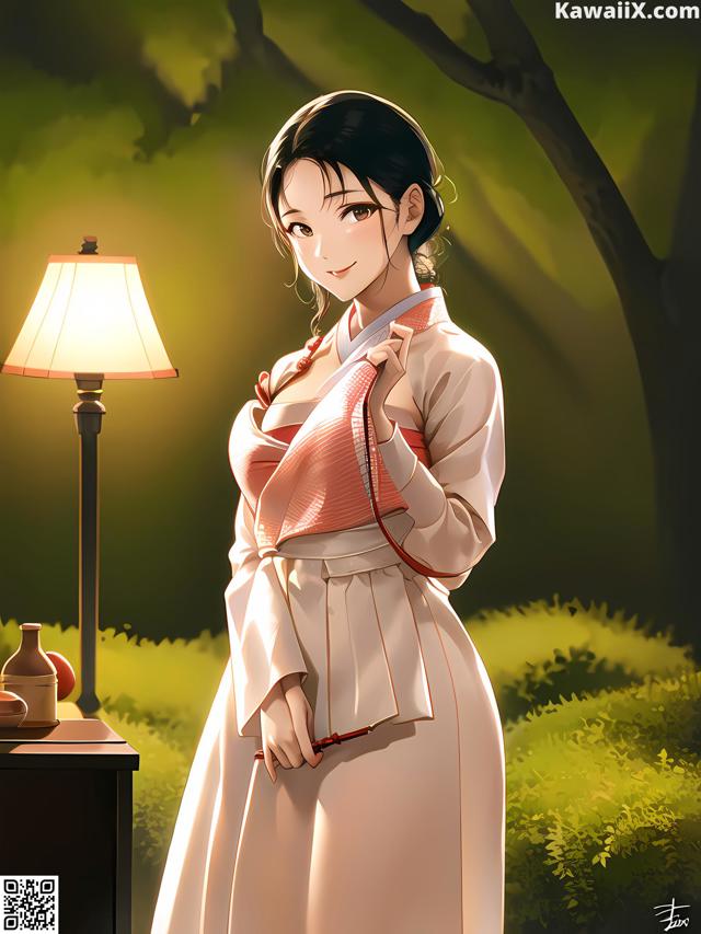 A woman in a kimono standing next to a lamp.