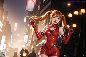 A woman in a red bathing suit standing in front of a city.