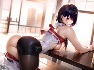A naked anime girl sitting on a bed.