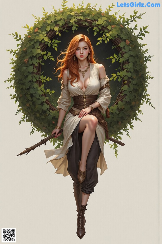 A woman sitting on top of a wreath holding a stick.