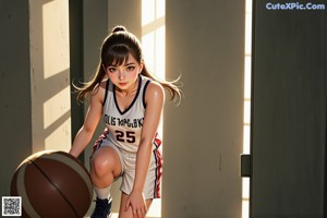 A woman in a yellow uniform holding a basketball.