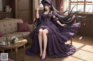 A woman in a purple dress standing by a window.
