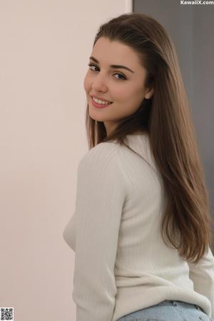 A woman in a white tank top posing for a picture.