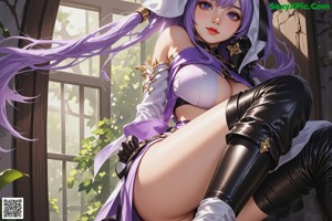A woman with long purple hair wearing a purple bra and black lingerie.