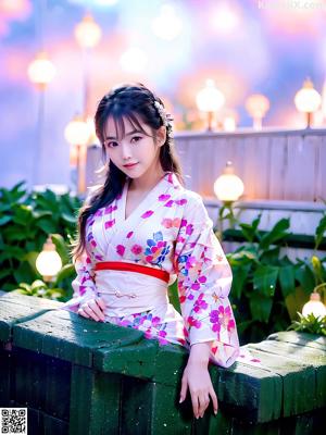 A woman in a pink kimono holding an umbrella.