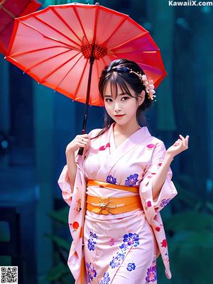 A woman in a kimono holding an orange umbrella.