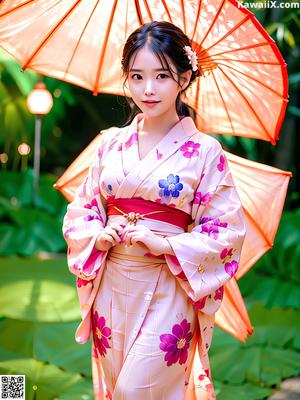 A woman in a blue kimono posing for the camera.