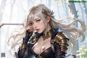 A woman with long white hair, wearing a revealing outfit and holding a sword.