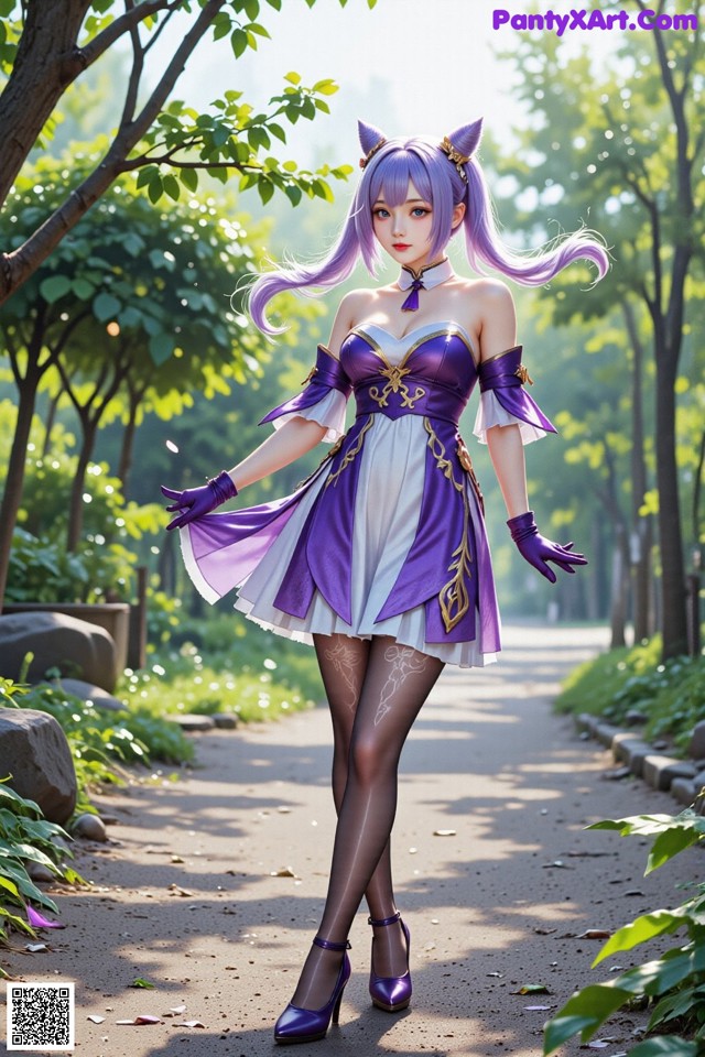 Hentai - Sovereign of Lightning in Exquisite Garb Set.1 20250125 Part 11 No.2a173a A woman in a purple and white dress is walking down a path.