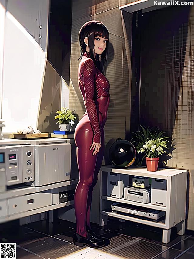 A woman in a red bodysuit standing in a room.