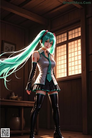 A woman with long blue hair sitting on a window sill.