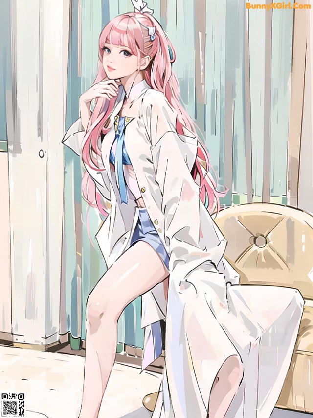 A girl with long pink hair sitting on a couch.