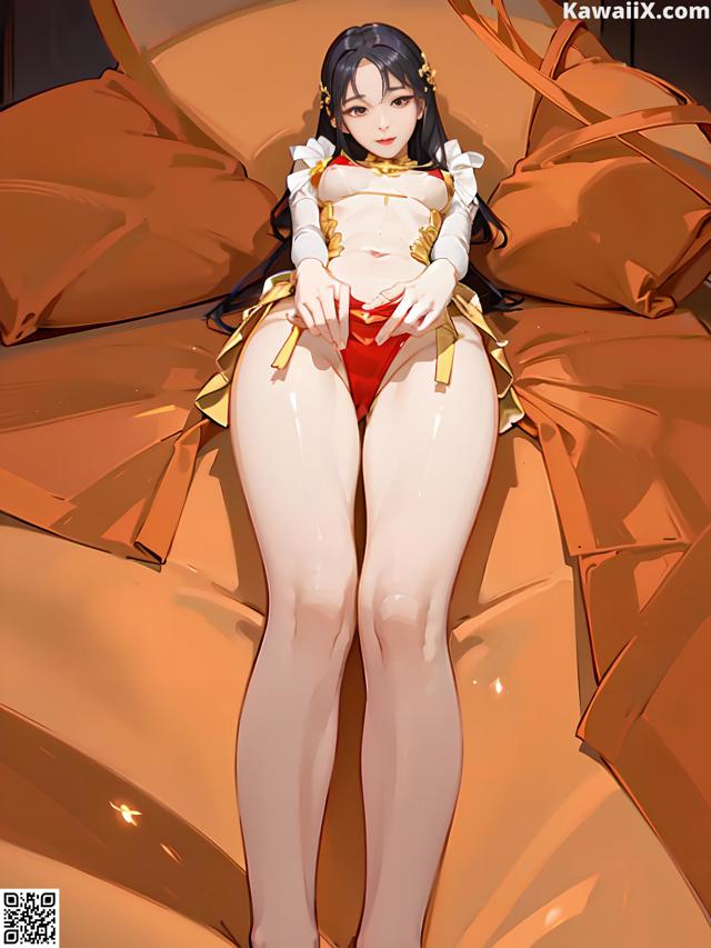 A woman in a red and white outfit is sitting on a bed.
