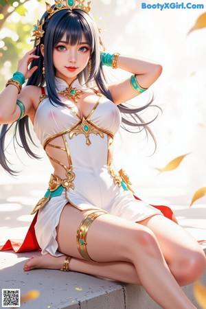 A woman in a bikini with long black hair and a sword.