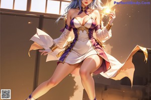 A woman in a white dress with blue hair and angel wings.