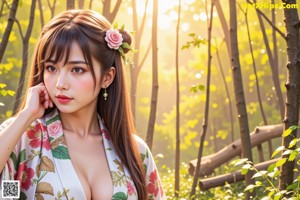 A woman in a yellow kimono is posing in the woods.