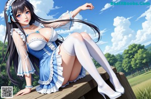 a woman in a blue corset and white stockings posing for the camera