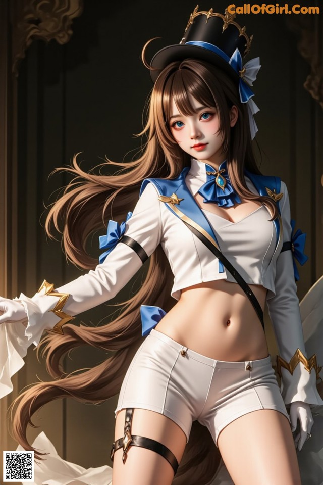 Hentai - Luminous Charm of the Aquatic Enchantress Set.1 20250125 Part 13 No.d69c19 A woman in a top hat and white shorts posing for a picture.