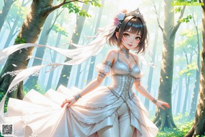 A woman in a wedding dress standing in a forest.